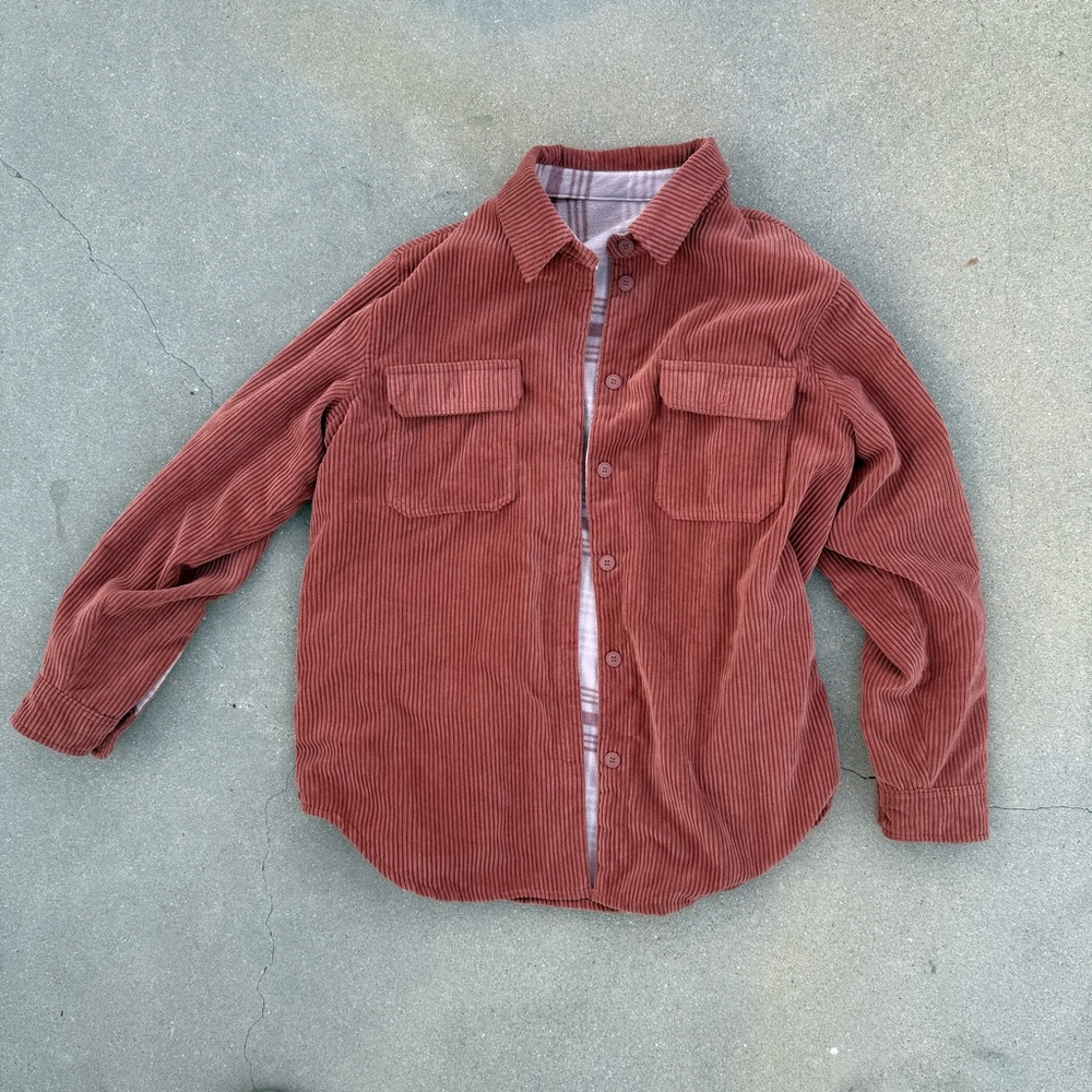 Love Tree Reversible Corduroy & Plaid Shacket – Size M – Rust / Pink/Tan